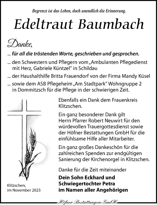 Traueranzeige von Edeltraut Baumbach von Torgauer Zeitung