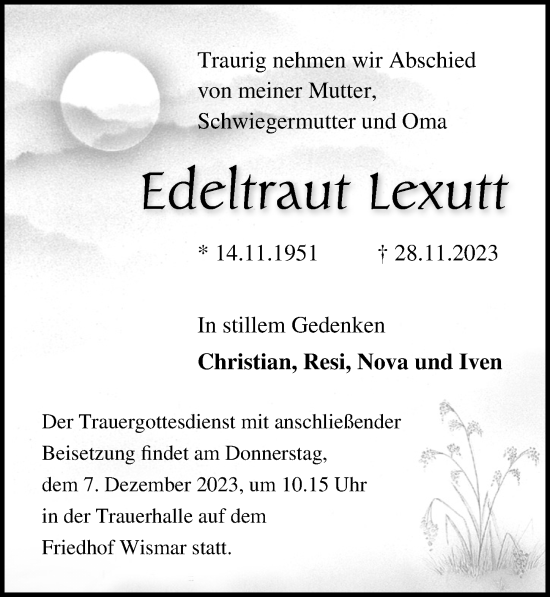 Traueranzeige von Edeltraut Lexutt von Ostsee-Zeitung GmbH
