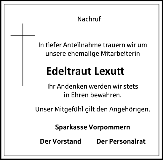 Traueranzeige von Edeltraut Lexutt von Ostsee-Zeitung GmbH