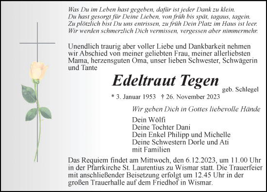 Traueranzeige von Edeltraut Tegen von Ostsee-Zeitung GmbH