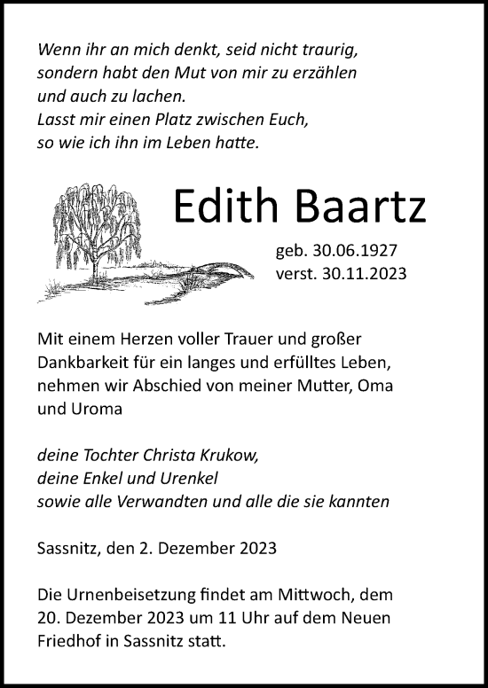 Traueranzeige von Edith Baartz von Ostsee-Zeitung GmbH