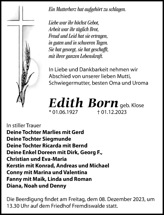 Traueranzeige von Edith Born von Leipziger Volkszeitung