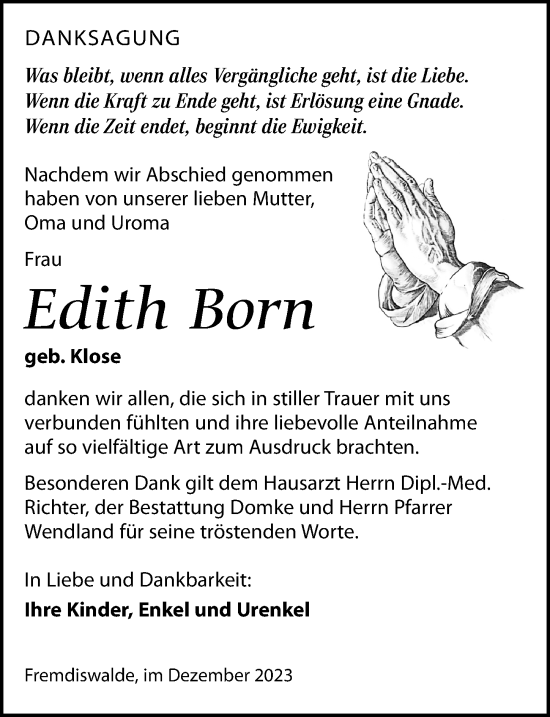 Traueranzeige von Edith Born von Leipziger Volkszeitung