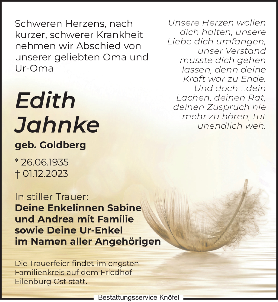  Traueranzeige für Edith Jahnke vom 16.12.2023 aus Leipziger Volkszeitung