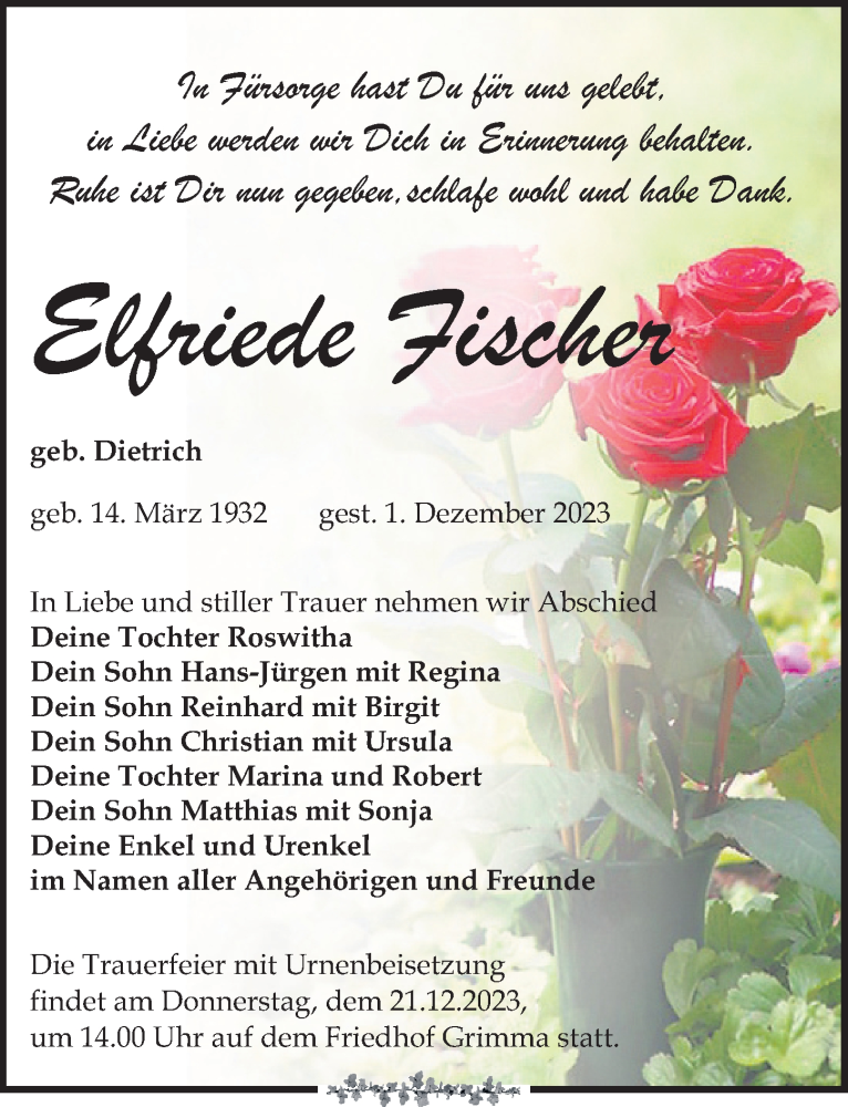  Traueranzeige für Elfriede Fischer vom 09.12.2023 aus Leipziger Volkszeitung