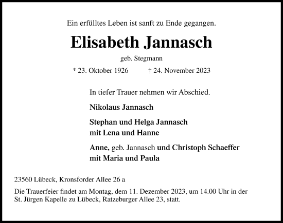 Traueranzeige von Elisabeth Jannasch von Lübecker Nachrichten