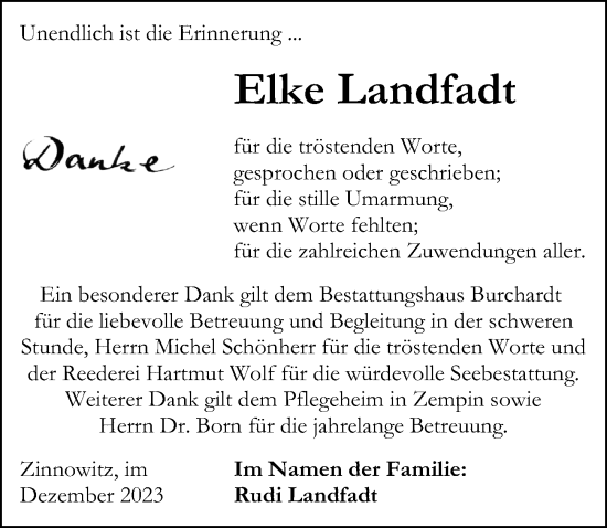 Traueranzeige von Elke Landfadt von Ostsee-Zeitung GmbH