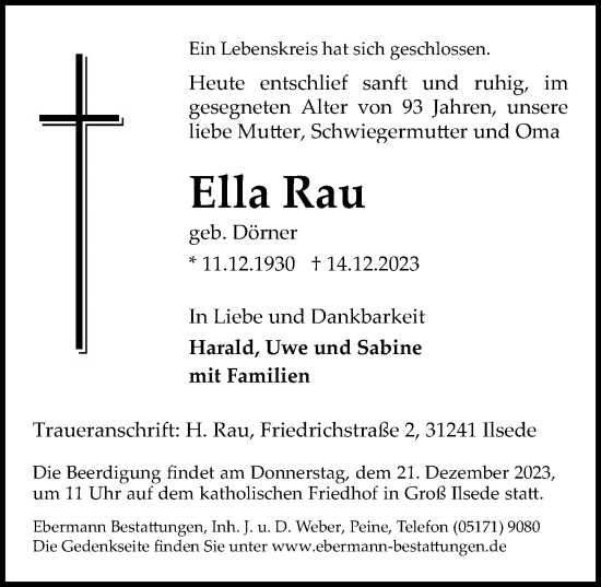 Traueranzeige von Ella Rau von Peiner Allgemeine Zeitung