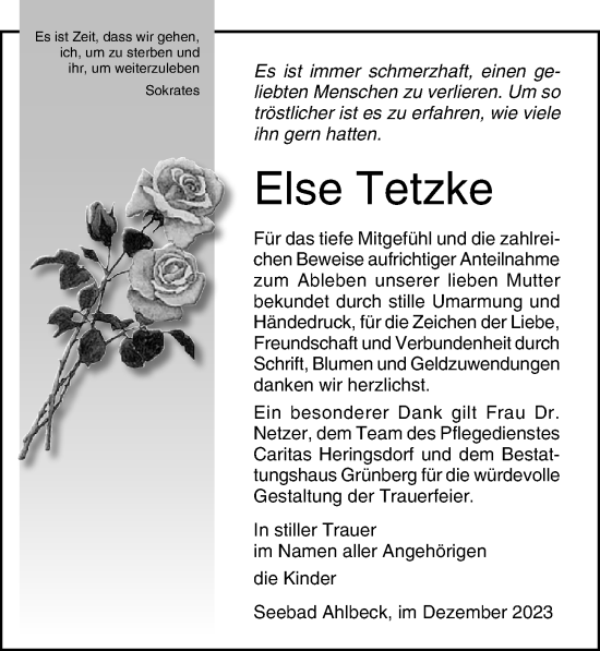 Traueranzeige von Else Tetzke von Ostsee-Zeitung GmbH