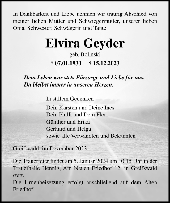 Traueranzeige von Elvira Geyder von Ostsee-Zeitung GmbH