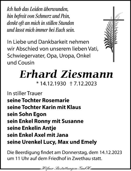 Traueranzeige von Erhard Ziesmann von Torgauer Zeitung