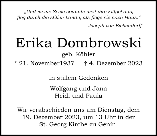 Traueranzeige von Erika Dombrowski von Lübecker Nachrichten