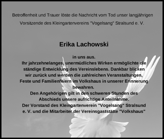 Traueranzeige von Erika Lachowski von Ostsee-Zeitung GmbH