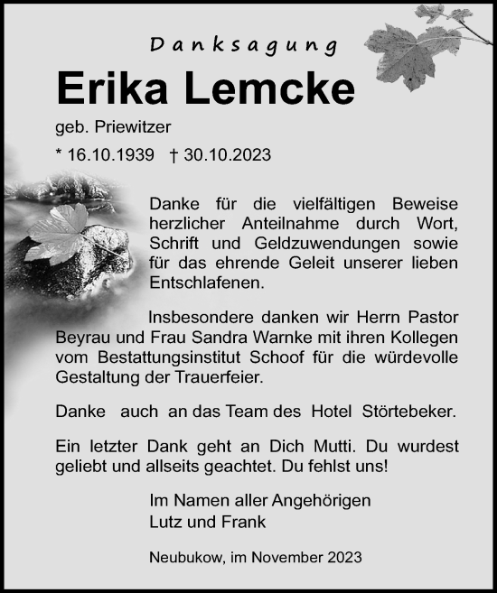 Traueranzeige von Erika Lemcke von Ostsee-Zeitung GmbH