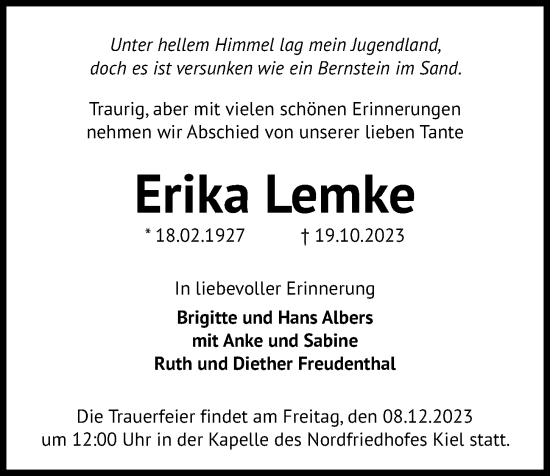 Traueranzeige von Erika Lemke von Kieler Nachrichten