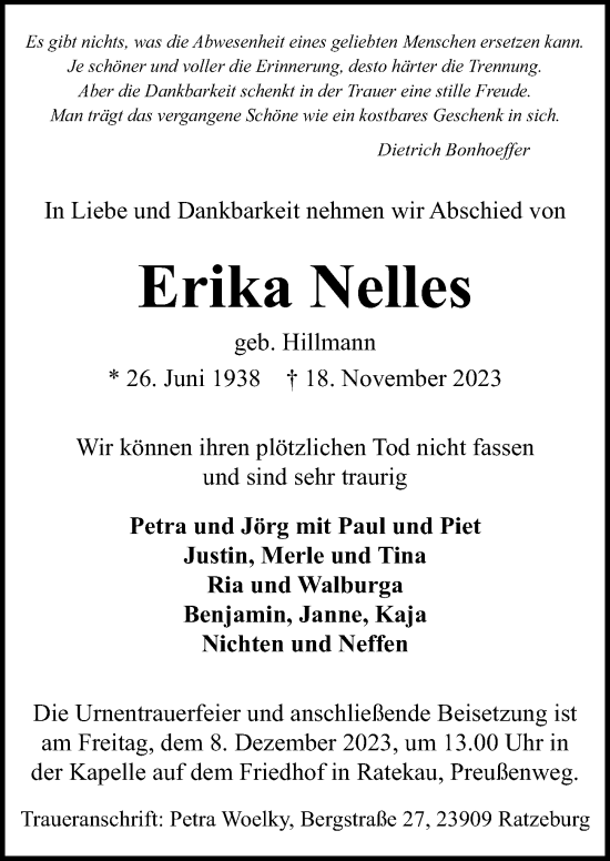 Traueranzeige von Erika Nelles von Lübecker Nachrichten