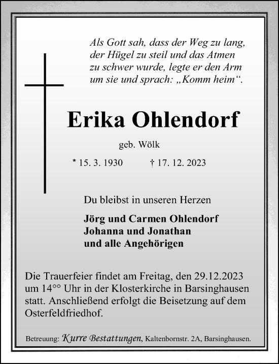 Traueranzeige von Erika Ohlendorf von Hannoversche Allgemeine Zeitung/Neue Presse