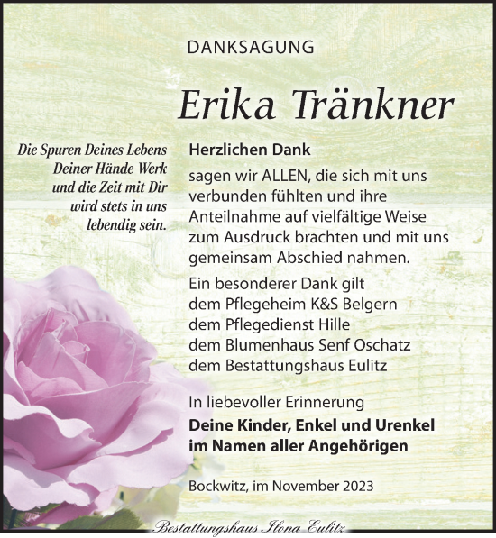 Traueranzeige von Erika Tränkner von Torgauer Zeitung