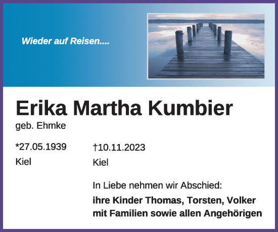 Traueranzeige von Erika Martha Kumbier von Kieler Nachrichten