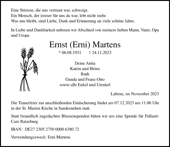 Traueranzeige von Ernst  Martens von Lübecker Nachrichten