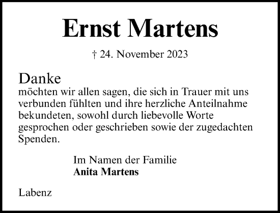 Traueranzeige von Ernst  Martens von Lübecker Nachrichten