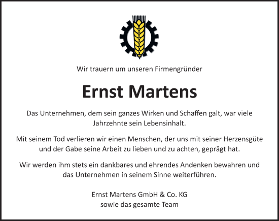 Traueranzeige von Ernst Martens von Lübecker Nachrichten
