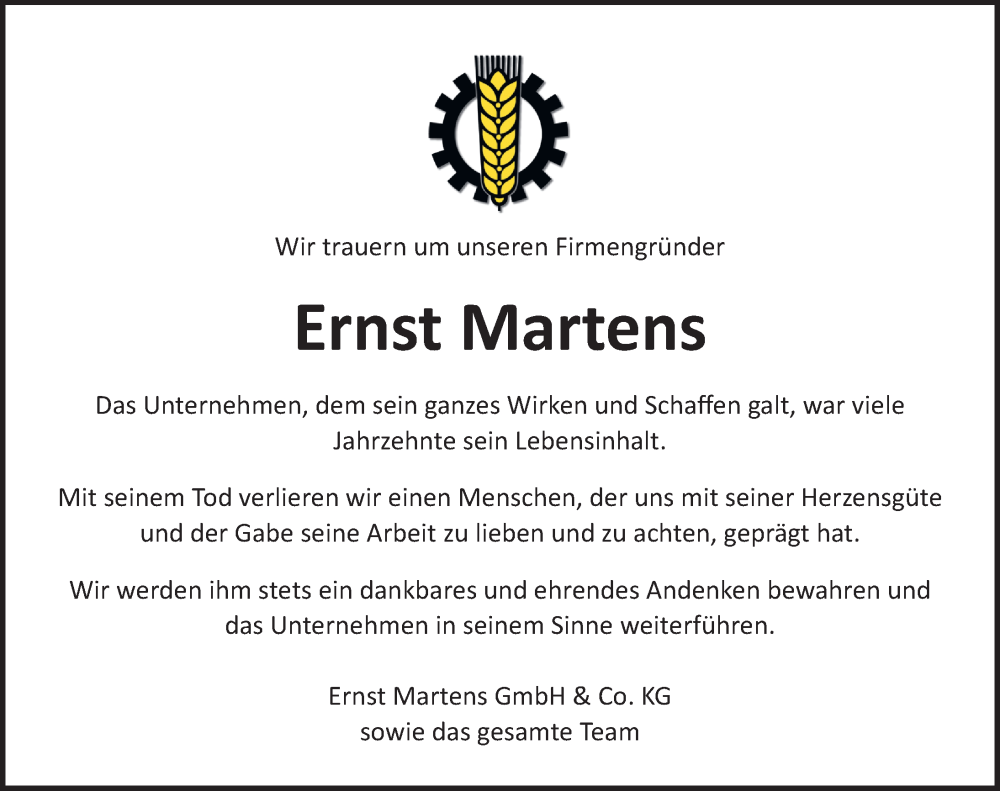  Traueranzeige für Ernst Martens vom 02.12.2023 aus Lübecker Nachrichten