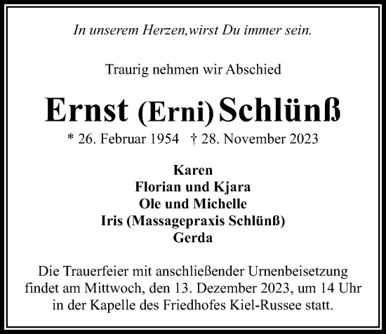 Traueranzeige von Ernst  Schlünß von Kieler Nachrichten