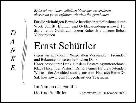 Traueranzeige von Ernst Schüttler von Ostsee-Zeitung GmbH