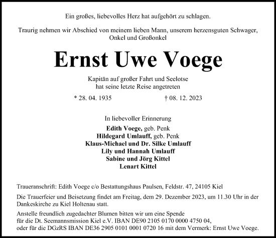 Traueranzeige von Ernst Uwe Voege von Kieler Nachrichten