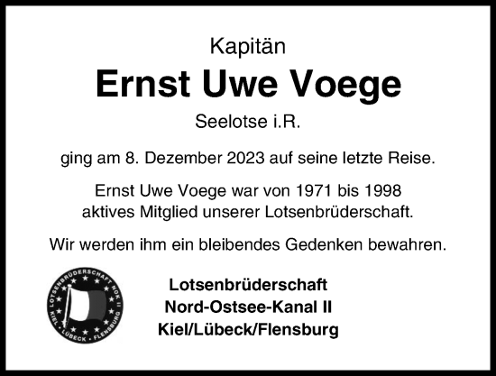 Traueranzeige von Ernst Uwe Voege von Kieler Nachrichten