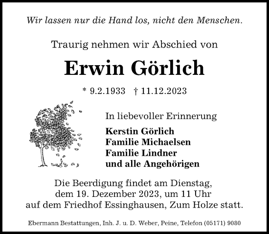 Traueranzeige von Erwin Görlich von Peiner Allgemeine Zeitung