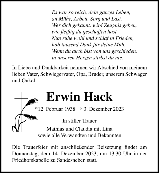 Traueranzeige von Erwin Hack von Lübecker Nachrichten