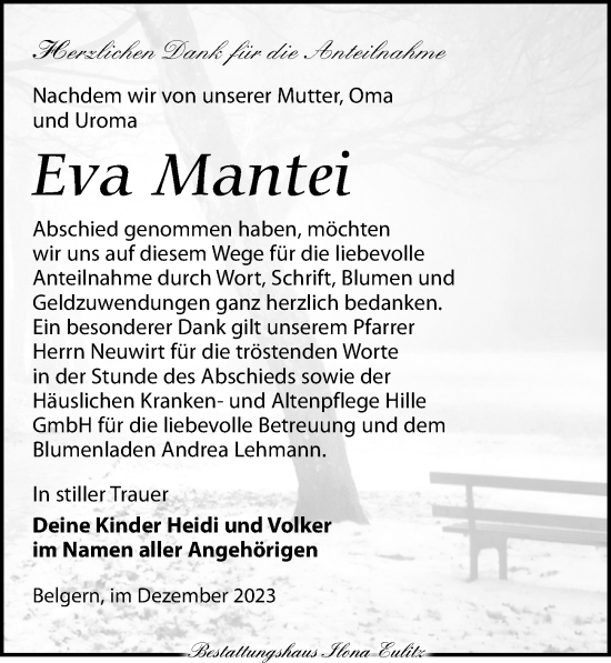 Traueranzeige von Eva Mantei von Torgauer Zeitung