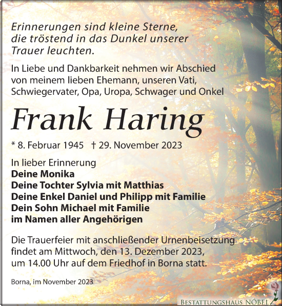 Traueranzeige von Frank Haring von Leipziger Volkszeitung