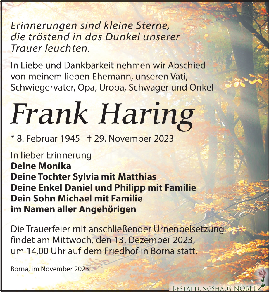  Traueranzeige für Frank Haring vom 02.12.2023 aus Leipziger Volkszeitung