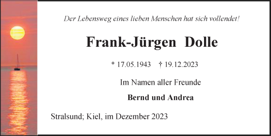 Traueranzeige von Frank-Jürgen Dolle von Ostsee-Zeitung GmbH
