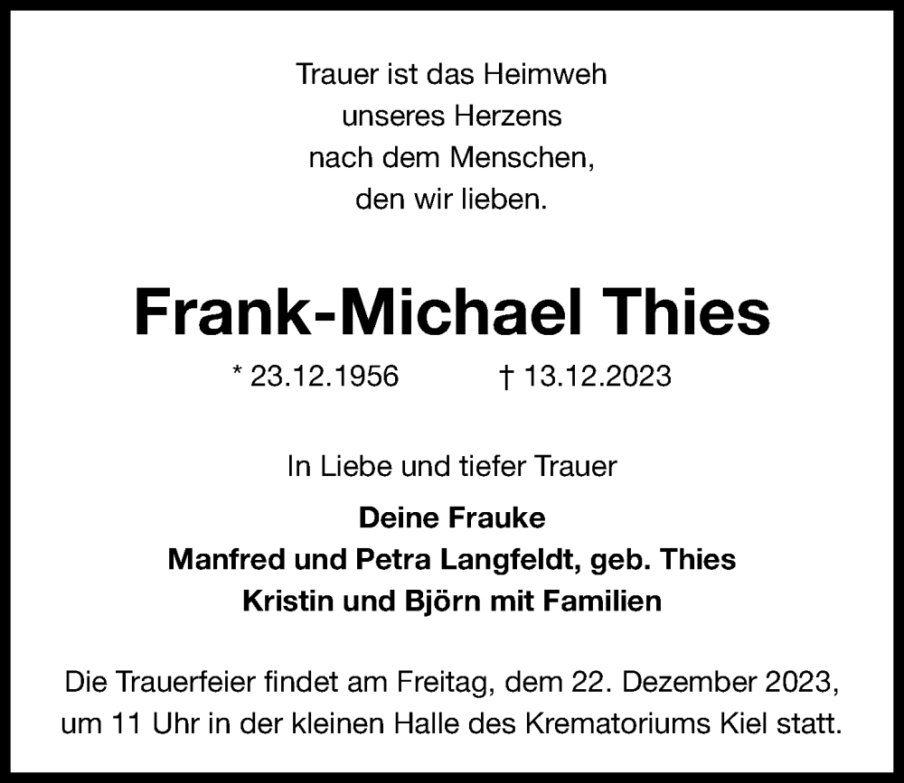 Traueranzeigen Von Frank Michael Thies Trauer Anzeigen De