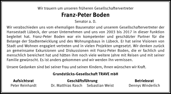 Traueranzeige von Franz-Peter Boden von Lübecker Nachrichten