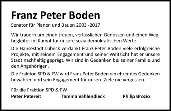 Traueranzeige von Franz-Peter Boden von Lübecker Nachrichten