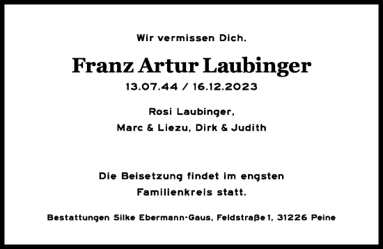 Traueranzeige von Franz Artur Laubinger von Peiner Allgemeine Zeitung