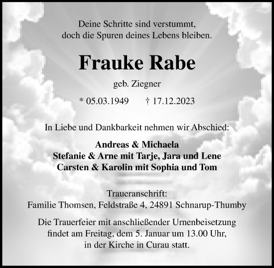 Traueranzeige von Frauke Rabe von Lübecker Nachrichten