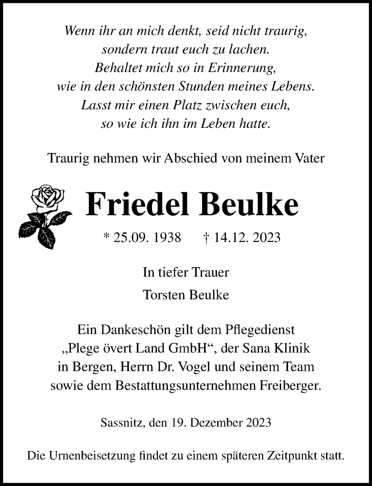  Traueranzeige für Friedel Beulke vom 30.12.2023 aus Ostsee-Zeitung GmbH