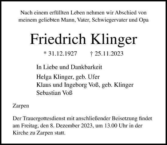 Traueranzeige von Friedrich Klinger von Lübecker Nachrichten