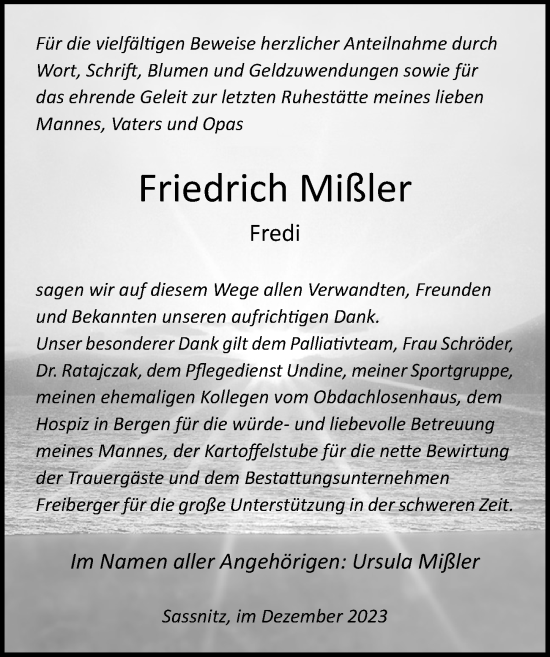 Traueranzeige von Friedrich Mißler von Ostsee-Zeitung GmbH