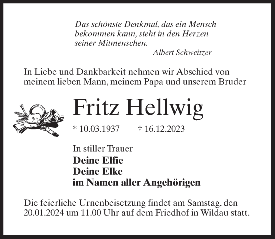 Traueranzeige von Fritz Hellwig von Märkischen Allgemeine Zeitung