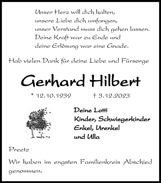 Traueranzeige von Geerhard Hilbert von Kieler Nachrichten