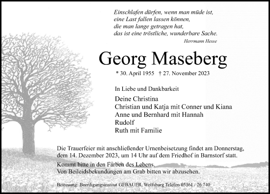 Traueranzeige von Georg Maseberg von Aller Zeitung