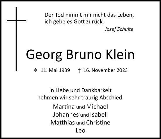 Traueranzeige von Georg Bruno Klein von Lübecker Nachrichten