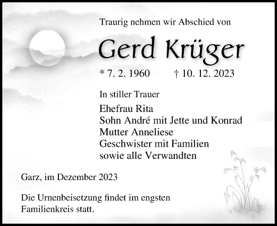 Traueranzeige von Gerd Krüger von Ostsee-Zeitung GmbH
